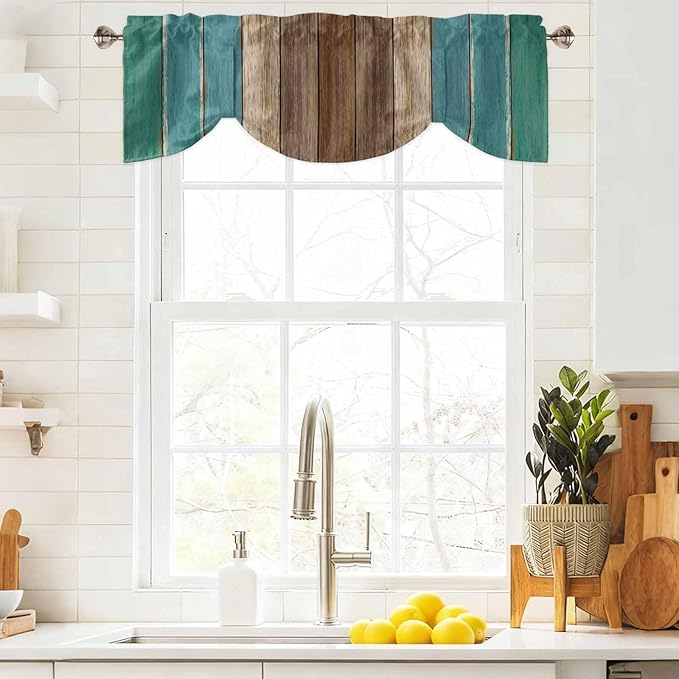 Teal Blue Brown Tie Up Valance Curtains for Windows, Kitchen Curtains Window Shades, Farmhouse Retro Wooden Grain Stripes Light Filtering Roman Curtain Valances for Bedroom/Bathroom/Cafe 54"x18"