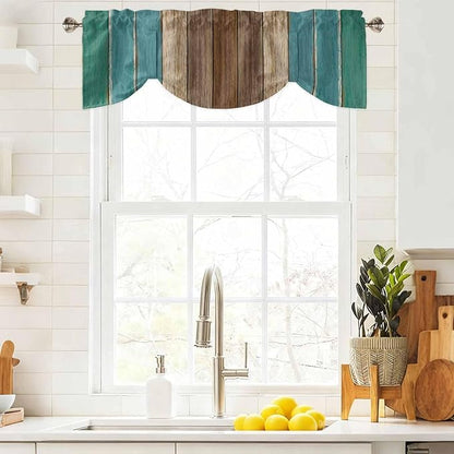 Teal Blue Brown Tie Up Valance Curtains for Windows, Kitchen Curtains Window Shades, Farmhouse Retro Wooden Grain Stripes Light Filtering Roman Curtain Valances for Bedroom/Bathroom/Cafe 42"x18"
