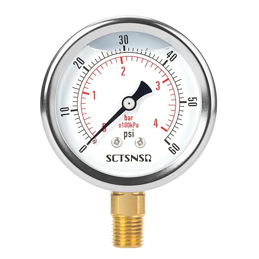 2-1/2" Dial Size, 0-60 Psi Low Pressure Gauge, Glycerin Liquid Filled, 1/4" NPT Lower Mount, Stainless Steel Case, for Pool Sand Filter, Water Pump, Propane, Coolant, CO2, Gas Pressure Test