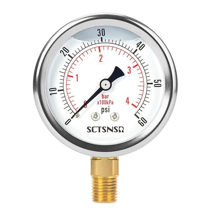 2-1/2" Dial Size, 0-60 Psi Low Pressure Gauge, Glycerin Liquid Filled, 1/4" NPT Lower Mount, Stainless Steel Case, for Pool Sand Filter, Water Pump, Propane, Coolant, CO2, Gas Pressure Test