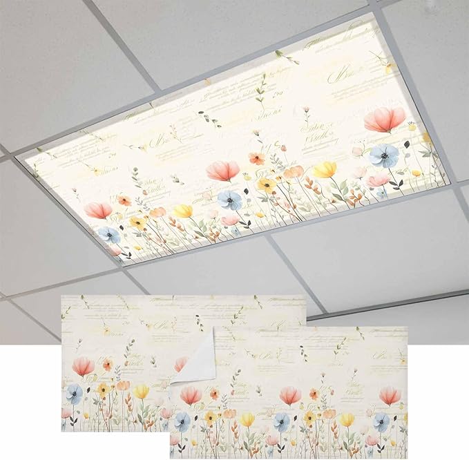 Fluorescent Light Covers for Ceiling Lights Spring Poppy Floral Magnetic Light Filters 2 Pack 4x2 ft Wildflower Vintage Ceiling Lights Cover for Classroom Office School Home Drop Lamp Decor
