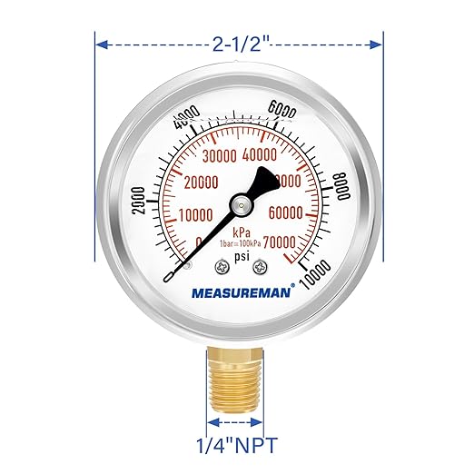 MEASUREMAN 2-1/2" Dial Size, Glycerin Filled Pressure Gauge, 0-10000psi/kpa, 304 Stainless Steel Case, 1/4" NPT Lower Mount