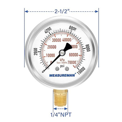 MEASUREMAN 2-1/2" Dial Size, Glycerin Filled Pressure Gauge, 0-10000psi/kpa, 304 Stainless Steel Case, 1/4" NPT Lower Mount