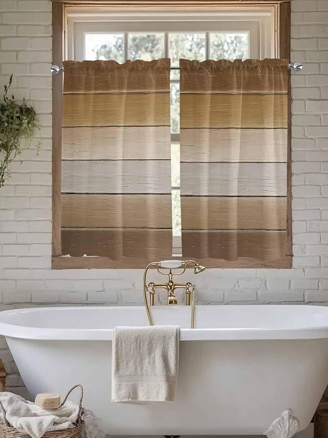 Vintage Brown Gradient Wood Grain Window Valance Curtains, Farmhouse Wood Barn Light Filtering Kitchen Valance with 3-inch Rod Pocket for Living Room Bathroom Bedroom,2 Panel,52x45In