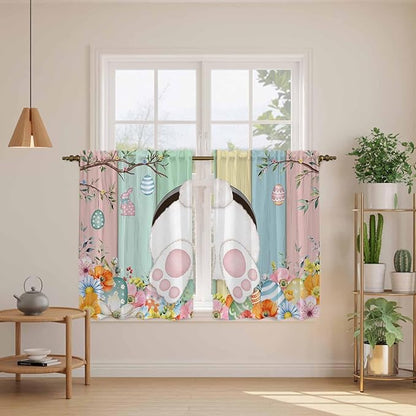 Easter Kitchen Curtains 54 Inch Long 2 Panel Set, Rod Pocket Window Curtains Panels, Spring Colorful Bunny Eggs Flower Wood Grain Light Filtering Privacy Draperies for Bedroom Laundry 42"W x 54"L