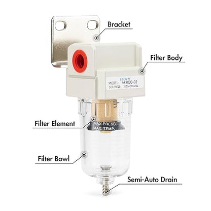 1/4" NPT Air Dryer for Compressor | Compressed Air Line Filter | 5 Micron Brass Element|Bracket, Poly Bowl, 145 psI