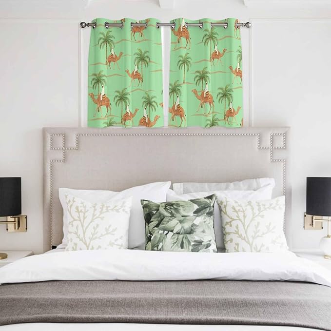 2 Panel Kitchen Cafe Curtains, Desert Camels Sunlight Filtering Nature Air Through, Home Decor Window Covering Tier Curtains for Living Room 104W x 52L inch Tropical Date Palm Trees Animal Green