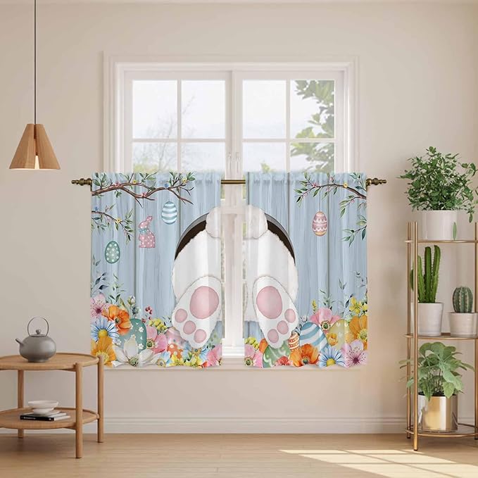 Easter Kitchen Tier Curtains 45 Inch Long 2 Panel Set,Rod Pocket Short Window Treatment,Spring Watercolor Bunny Eggs Flower Wood Grain Blue Light Filtering Curtains & Drapes for Bathroom 27.5"W x 45"L