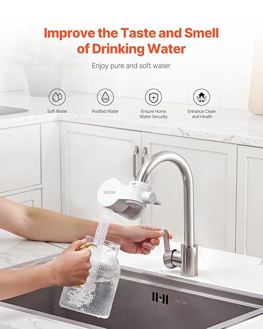 VEVOR Faucet Mount Water Filter, Horizontal Water Purifier for Sink Tap, Carbon Fiber Filters, Removes Chlorine Lead with 1 Filter, Fits Most Kitchen or Bathroom Faucets, White