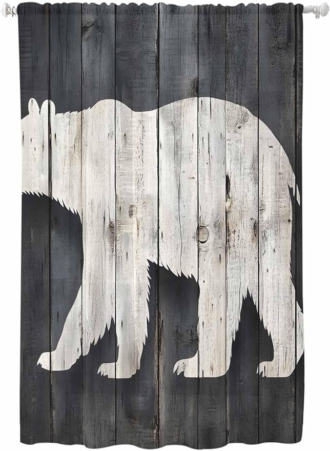 Sheer Curtains 63 Inch Length, White Brown Bear Semi Sheer Curtains Light Filtering Window Treatment, Rustic Counrty Vintage Wood Grain Privacy Voile Drapes for Living Room Bedroom 52x63 Inch