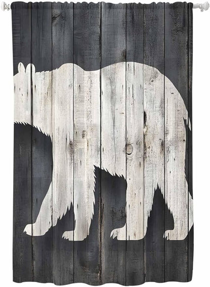 Sheer Curtains 63 Inch Length, White Brown Bear Semi Sheer Curtains Light Filtering Window Treatment, Rustic Counrty Vintage Wood Grain Privacy Voile Drapes for Living Room Bedroom 52x63 Inch