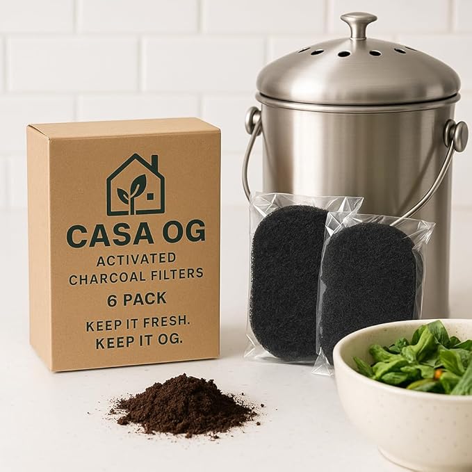 6 Pack Compost Bin Charcoal Filters - Activated Carbon Replacement Discs for Kitchen Compost Buckets & Pails I Eliminates Odors I Eco Friendly & Universal Fit