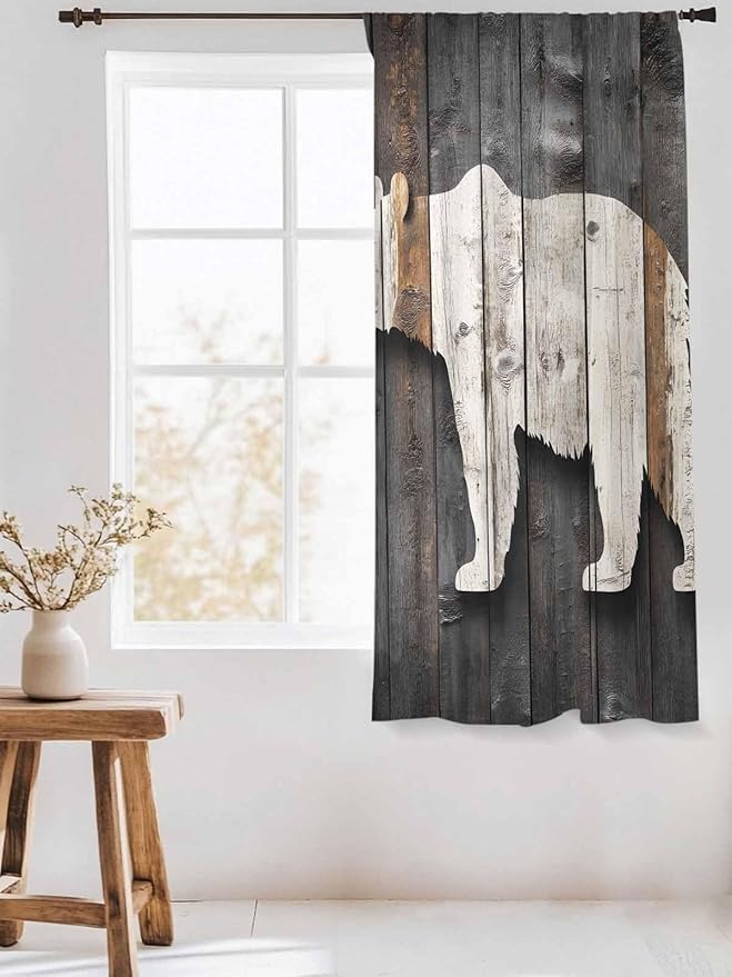 Sheer Curtains 63 Inch Length, Vintage White Brown Bear Semi Sheer Curtains Light Filtering Window Treatment, Retro Country Rustic Wood Grain Privacy Voile Drapes for Living Room Bedroom 52x63 Inch