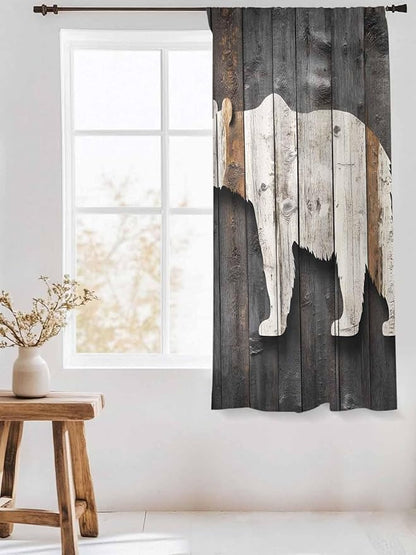 Sheer Curtains 63 Inch Length, Vintage White Brown Bear Semi Sheer Curtains Light Filtering Window Treatment, Retro Country Rustic Wood Grain Privacy Voile Drapes for Living Room Bedroom 52x63 Inch
