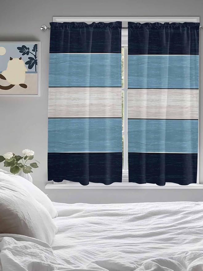 Vintage Country Woodcuts Window Valance Curtains, Blue Gradient Striped Light Filtering Kitchen Valance with 3-inch Rod Pocket for Living Room Bathroom Bedroom,2 Panel,42x63In