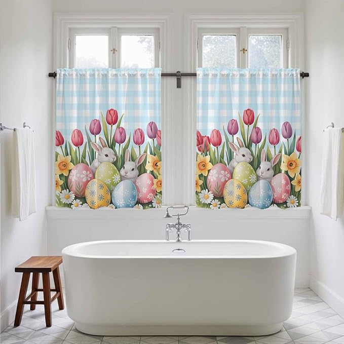Easter Kitchen Curtains 54 Inch Long 2 Panel Set,Rod Pocket Window Curtains Panels,Spring Bunny Colorful Eggs Tulip Flowers Blue Check Light Filtering Drapery Draperies for Bathroom 52"W x 54"L