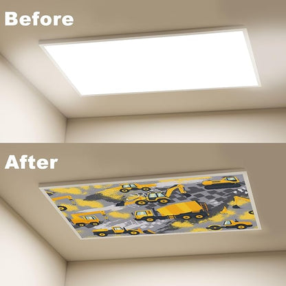 4 Pcs Fluorescent Light Covers for Ceiling Lights Yellow Construction Vehicles Excavators Cranes Trucks Gray Decorative Magnets Light Filters for Office Home Classroom Must Haves 4’ x 2’