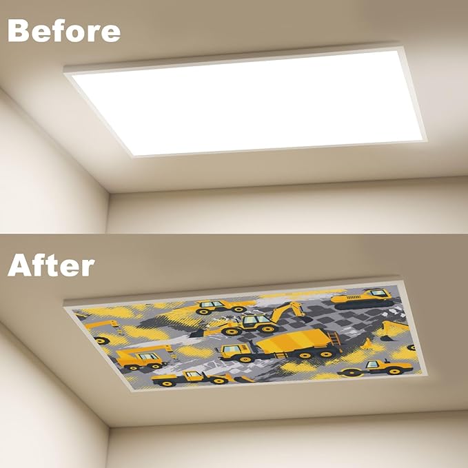 6 Pcs Fluorescent Light Covers for Ceiling Lights Yellow Construction Vehicles Excavators Cranes Trucks Gray Decorative Magnets Light Filters for Office Home Classroom Must Haves 4’ x 2’