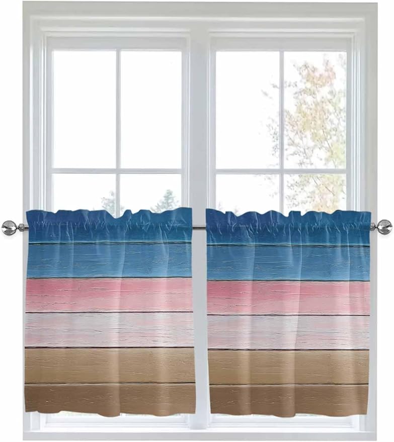 Blue Pink Brown Gradient Wood Grain Window Valance Curtains, Vintage Wood Board Light Filtering Kitchen Valance with 3-inch Rod Pocket for Living Room Bathroom Bedroom,2 Panel,27.5x24In