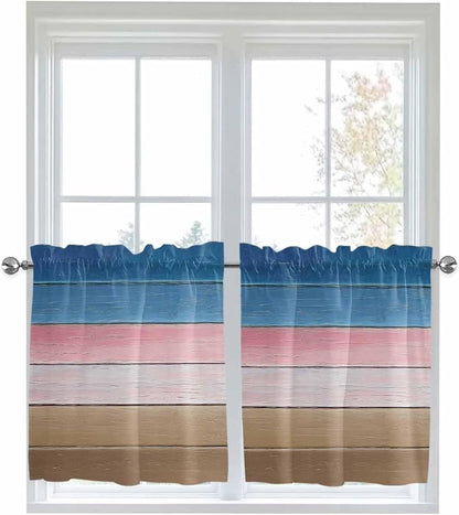 Blue Pink Brown Gradient Wood Grain Window Valance Curtains, Vintage Wood Board Light Filtering Kitchen Valance with 3-inch Rod Pocket for Living Room Bathroom Bedroom,2 Panel,27.5x24In