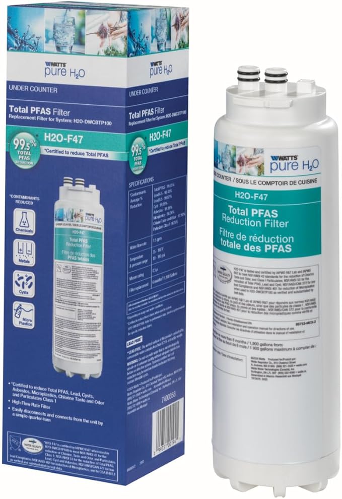 Watts Premier H2O-F47 Quick-Change Total PFAS Reduction Under Counter Water Filter Cartridge Replacement, Reduces Forever Chemicals, High Flow Rate 1.5 GPM, 1/4 Turn Quick Change, 1,900 Gal Capacity