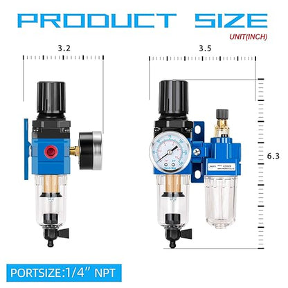 NANPU 1/4" NPT Compressed Air Filter Regulator Lubricator Combo, Water/Oil Trap Separator - Gauge(0-150 psi), Poly Bowl, Manual Drain, Bracket - AC2010-02M