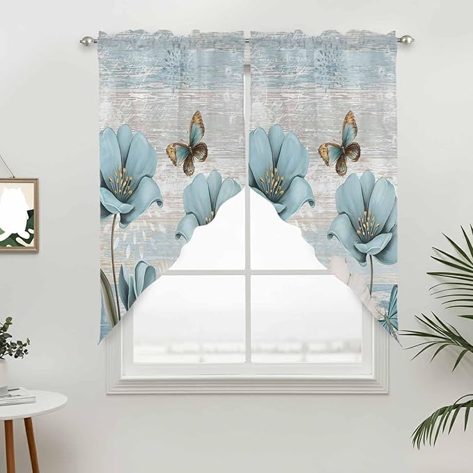 Spring Floral Swag Valances for Windows, Vintage Tulips Flower Butterfly Retro Wood Blue Rod Pocket Kitchen Curtains Valance, Kitchen Window Curtains Swag for Cafe Living Room, 2 Panels, 36x45 inch