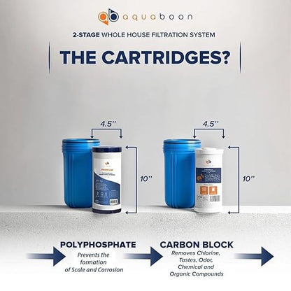 Aquaboon 2-Stage Whole House Water Filter System with 5 Micron 10x4.5 Anti-Scale Reducing Sediment Water Purification and Carbon Chlorine Reduction Filter, Pressure Gauges, Wrench, Bracket