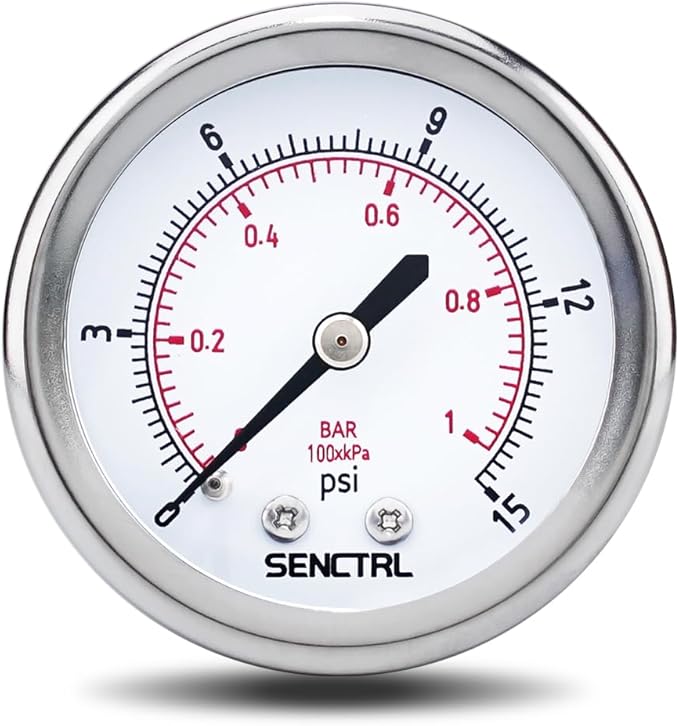 SENCTRL 0-15 Psi Low Pressure Gauge, 2" Dial Size, 1/4 NPT Back Mount, Waterproof, Stainless Steel Case, for Water Air ATV Tire Gas Pressure Test