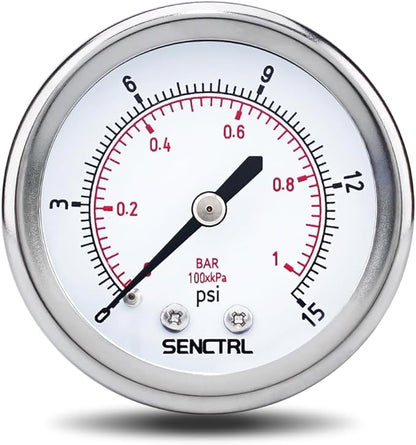 SENCTRL 0-15 Psi Low Pressure Gauge, 2" Dial Size, 1/4 NPT Back Mount, Waterproof, Stainless Steel Case, for Water Air ATV Tire Gas Pressure Test