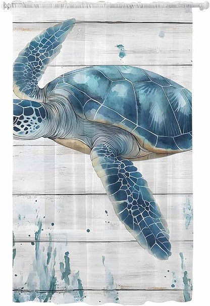 Sheer Curtains 96 Inches Long, Teal Green Ocean Turtle Semi Sheer Curtains Light Filtering Window Treatment, Coastal Seaweed Wood Grain Privacy Voile Drapes for Living Room Bedroom 52x96 Inch