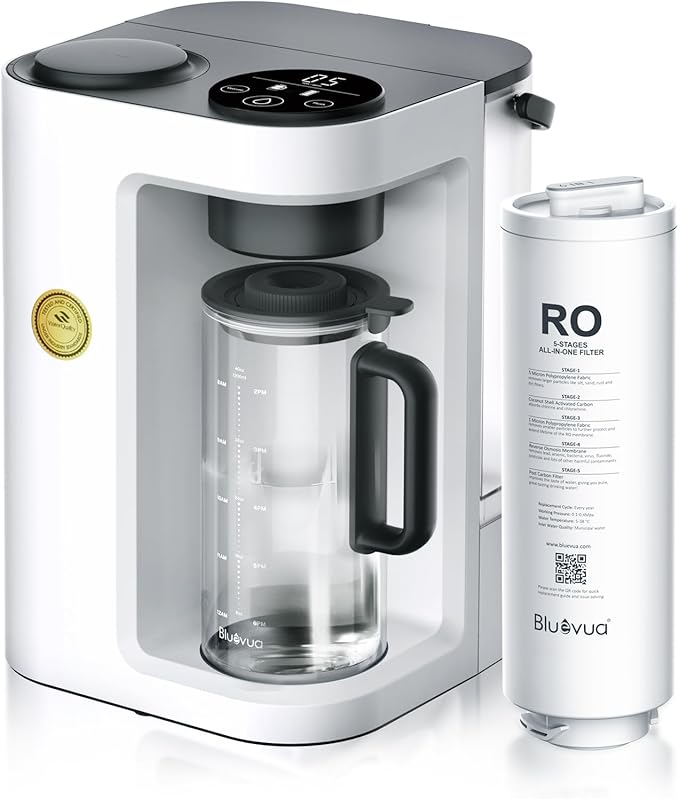 Bluevua RO100ROPOT-LITE Countertop Reverse Osmosis Water Filter System, 5 Stage Purification, 3:1 Pure to Drain, Portable Water Purifier (No Installation Required) (White)