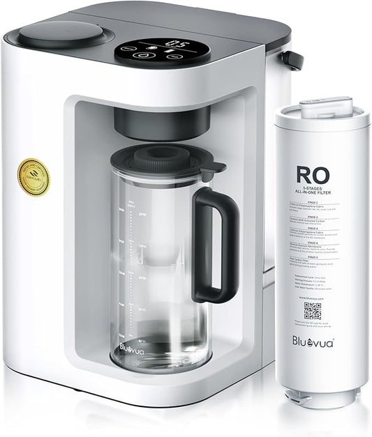Bluevua RO100ROPOT-LITE Countertop Reverse Osmosis Water Filter System, 5 Stage Purification, 3:1 Pure to Drain, Portable Water Purifier (No Installation Required) (White)
