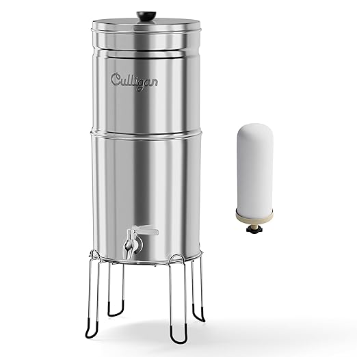 Culligan MaxClear 2.25 Gallon Gravity Water Filter System, Polished Stainless-Steel Countertop Water Filter NSF/ANSI Certified to Reduce Microplastics, Lead & Total PFAS, with 1 Ceramic Filter