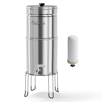 Culligan MaxClear 2.25 Gallon Gravity Water Filter System, Polished Stainless-Steel Countertop Water Filter NSF/ANSI Certified to Reduce Microplastics, Lead & Total PFAS, with 1 Ceramic Filter