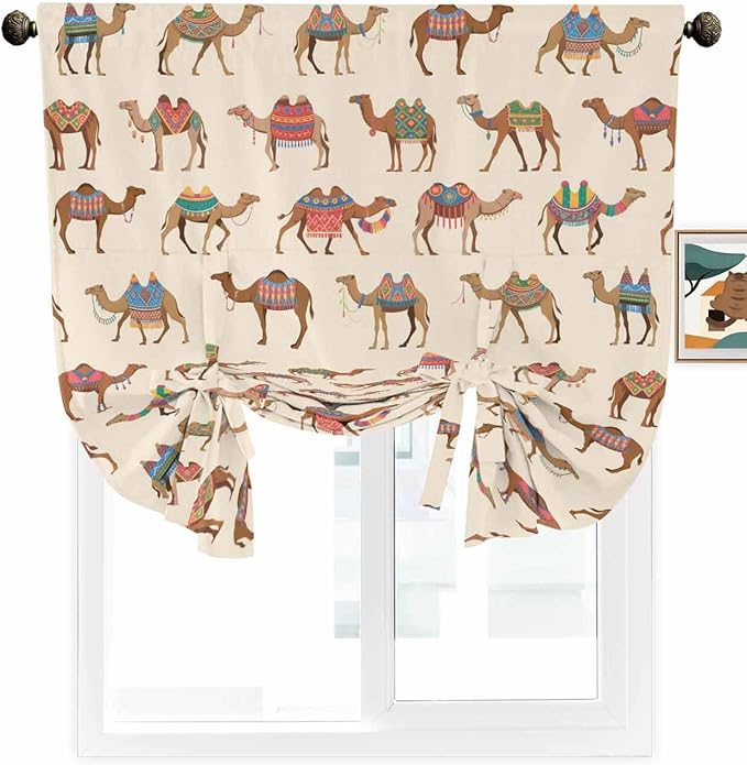 Tie Up Curtains for Windows, Summer Camels Adjustable Balloon Nature Linen Textured Kitchen Curtain, Farmhouse Retro Cartoon Desert Animals Blackout Curtains for Living Room, 46 x 63 Inches