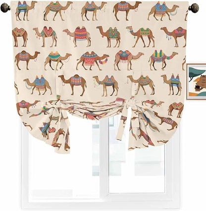 Tie Up Curtains for Windows, Summer Camels Adjustable Balloon Nature Linen Textured Kitchen Curtain, Farmhouse Retro Cartoon Desert Animals Privacy Curtains Balloon Blind for Cafe, 42 x 63 Inches