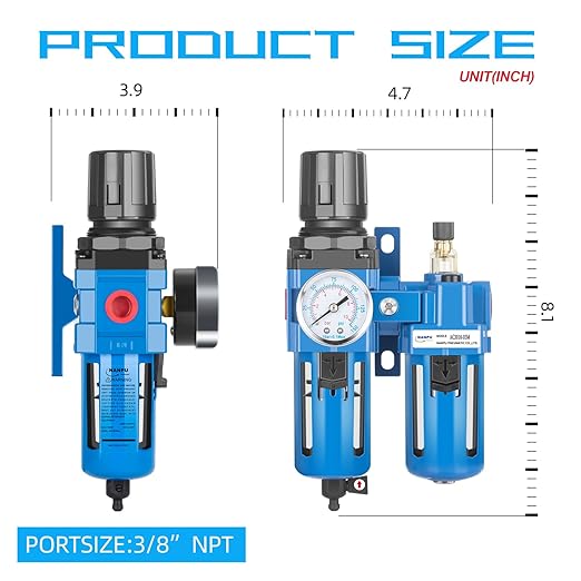 NANPU 3/8" NPT Compressed Air Filter Regulator Lubricator Combo, Water/Oil Trap Separator - Gauge(0-150 psi), Poly Bowl, Manual Drain, Bracket - AC3010-03M