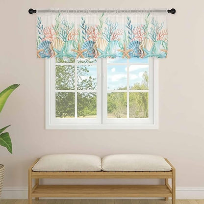 Summer Beach Sheer Valance Curtains, Ocean Colorful Coral Shell Seaweed Starfish Linen Light Filtering Kitchen Valances Rod Pocket Voile Curtain Treatment for Bedroom/Living Room/Basement 54Wx18L