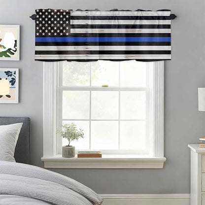 American Flag Valances for Windows, Blue Line Star Black White Stripes Wood Grain Kitchen Valance Light Filtering Rod Pocket Short Curtains for Kitchen Bathroom, 1 Panel, 42"x18"