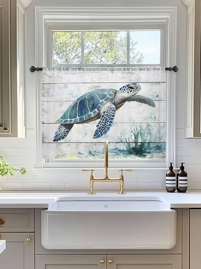 Sheer Curtains 54 Inch Length, Teal Green Sea Turtle Semi Sheer Curtains Light Filtering Window Treatment, Summer Ocean Vintage Wood Grain Privacy Voile Drapes for Living Room Bedroom 52x54 Inch