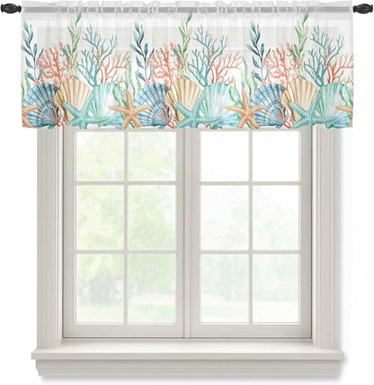 Summer Beach Sheer Valance Curtains, Ocean Colorful Coral Shell Seaweed Starfish Light Filtering Kitchen Valances Rod Pocket Voile Curtain Window Treatment for Bedroom/Living Room/Basement 60Wx18L