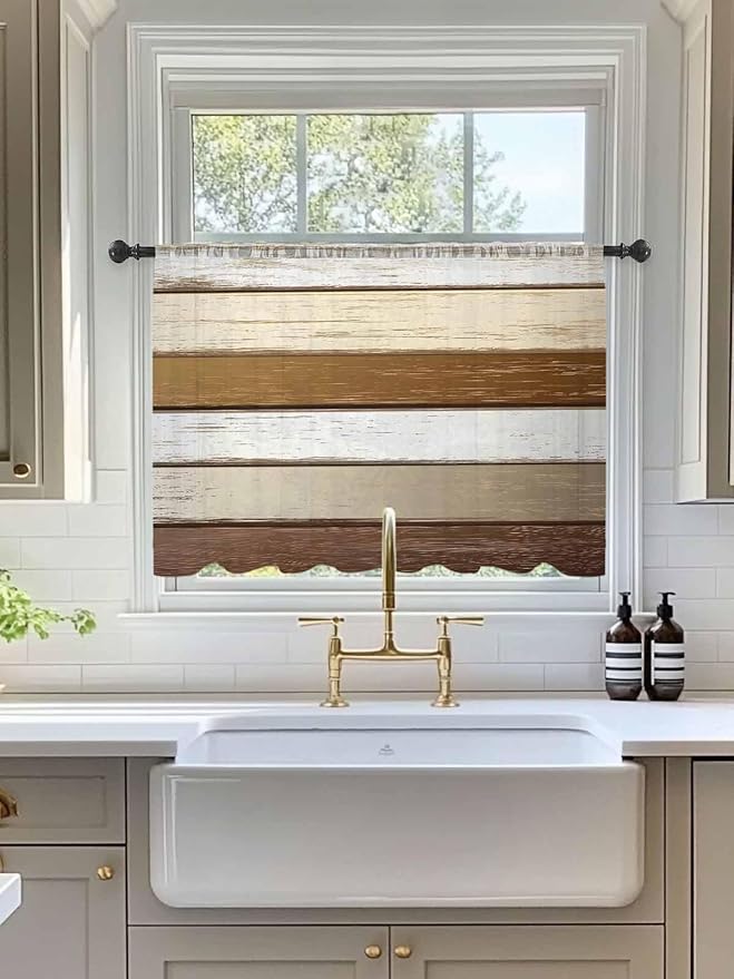 Sheer Curtains 54 Inch Length, Vintage Geometric Brown Semi Sheer Curtains Light Filtering Window Treatment, Farmhouse Country Chic Wood Grain Privacy Voile Drapes for Living Room Bedroom 52x54 Inch