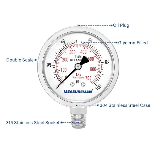 MEASUREMAN Pressure Gauge 1/4 NPT, 0-100psi/kPa Fully Stainless Steel Hydraulic Glycerin Filled Pressure Gauge with 2.5 Inch Dial Size (0-100 psi, Lower Mount - 100% Stainless Steel)