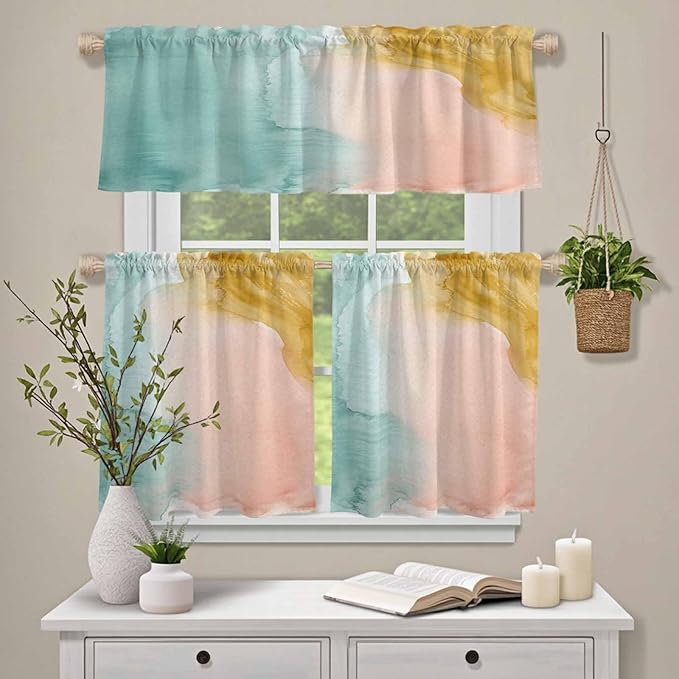 Kitchen Window Curtains Valance and Tier Set, Abstract Desert Mountains Rod Pocket Tier Curtain Valance Set, Modern Minimalist Art Light Filtering Cafe Curtains for Bedroom Living Room