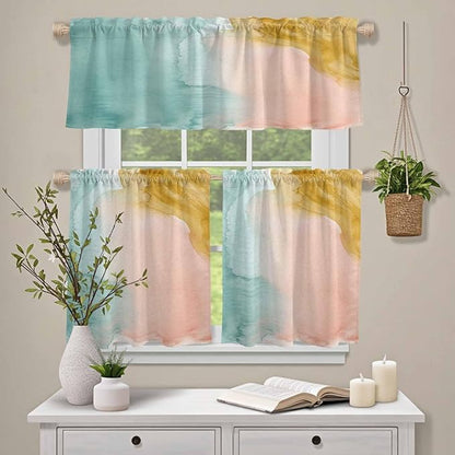 Kitchen Window Curtains Valance and Tier Set, Abstract Desert Mountains Rod Pocket Tier Curtain Valance Set, Modern Minimalist Art Light Filtering Cafe Curtains for Bedroom Living Room