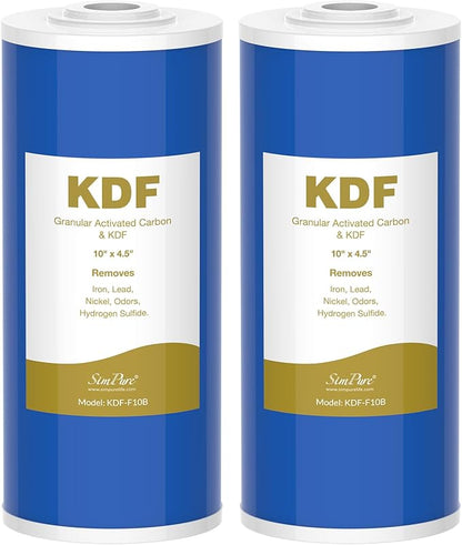 SimPure Whole House Water Filter Cartridges 10" x 4.5" GAC/KDF Carbon and Heavy Metal Filter, for DB10C-2KDF, DB10P, WGB21B-KS, FG15B-KS, GE FXHTC, GXWH40L, 2 Pack