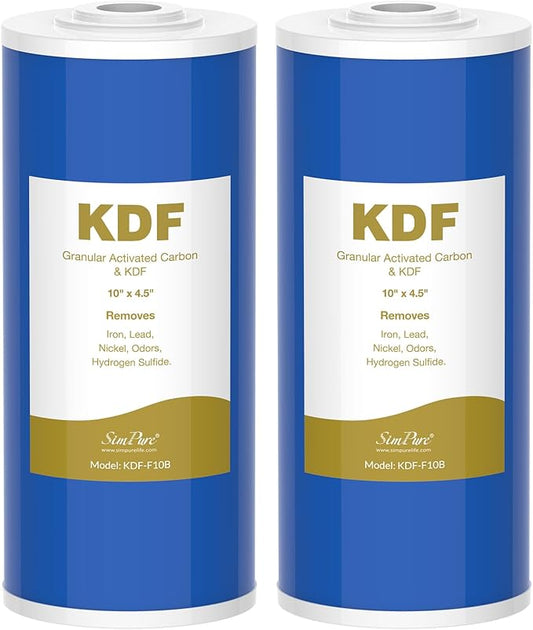SimPure Whole House Water Filter Cartridges 10" x 4.5" GAC/KDF Carbon and Heavy Metal Filter, for DB10C-2KDF, DB10P, WGB21B-KS, FG15B-KS, GE FXHTC, GXWH40L, 2 Pack