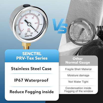 SENCTRL 30inHg Vacuum Pressure Gauge, 2" Dial, 1/8 NPT Lower Mount, Waterproof, Stainless Steel Case, for Tube Tester, HVAC, Pneumatic Air Compressor, Hand Pump, Valve Test