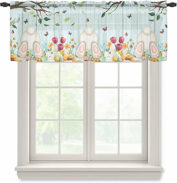 Easter Sheer Valances for Windows 60"x18", Light Filtering Kitchen Curtains Valance, Spring Watercolor Eggs Tulip Wooden Grain Teal Rod Pocket Chiffon Curtains for Living Room Bedroom Cafe